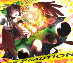 Rule 34 | 1girl, alternate weapon, arm cannon, black hair, black wings, blush, bow, breasts, caution tape, fangs, feathers, fire, hair bow, highres, hybrid (1212apro), hybrid (artist), long hair, open mouth, radiation symbol, red eyes, reiuji utsuho, skirt, small breasts, solo, third eye, touhou, weapon, wings