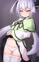 Rule 34 | 1girl, absurdres, ayanue, blush, breath, capelet, closed eyes, closed mouth, clothes lift, clothes pull, detached sleeves, embarrassed, female focus, green capelet, groin, hair ornament, highres, horns, lifted by self, light purple hair, original, panties, pantyhose, pantyhose pull, pointy ears, purple background, simple background, skirt, skirt lift, solo, underwear, white panties