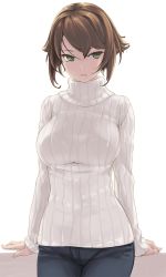 Rule 34 | 10s, 1girl, arm support, breasts, brown hair, cowboy shot, denim, female focus, green eyes, jeans, kantai collection, large breasts, leaning back, long sleeves, looking to the side, mutsu (kancolle), pants, parted lips, ribbed sweater, rokuwata tomoe, short hair, simple background, solo, sweater, turtleneck, white background, white theme