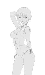 Rule 34 | 1girl, arm at side, arm up, axia-chan, bikini, breasts, ciel (tsukihime), cleavage, cleavage cutout, clothing cutout, cowboy shot, crossed arms, elbow gloves, gloves, greyscale, hand in own hair, highres, looking at viewer, medium breasts, monochrome, navel, one eye closed, open mouth, panties, short hair, side-tie bikini bottom, side-tie panties, simple background, sketch, smile, solo, standing, swimsuit, tattoo, tsukihime, underwear, white background, wink
