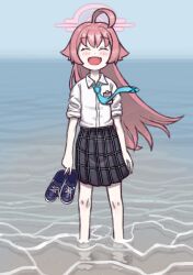 Rule 34 | 1girl, absurdres, ahoge, barefoot, beach, blue archive, blue sky, blush, closed eyes, fang, halo, highres, holding, holding shoes, horizon, hoshino (blue archive), huge ahoge, legs, long hair, long sleeves, looking at viewer, necktie, ocean, open mouth, outdoors, partially submerged, pink hair, pink halo, shirt, shoes, skirt, sky, sleepywoodmac, sleeves rolled up, smile, soaking feet, solo, unworn shoes, very long hair, water, white shirt