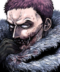 Rule 34 | 1boy, black gloves, blood, blood on clothes, blood on face, blood on hands, blood on mouth, charlotte katakuri, fangs, fur scarf, gloves, highres, kumoashif, male focus, one piece, portrait, purple eyes, purple hair, scar, scarf, sharp teeth, short hair, simple background, solo, stitched mouth, stitches, teeth, tusks, veiny face, very short hair, white background