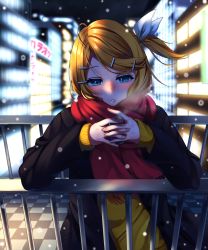 Rule 34 | 1girl, absurdres, aqua eyes, blonde hair, blurry, blurry background, blush, bow, breath, building, checkered floor, city lights, cold, cup, depth of field, drink, elbow rest, hair bow, hair ornament, hairclip, half-closed eyes, highres, holding, holding cup, holding drink, hot drink, interlocked fingers, inu8neko, kagamine rin, looking down, neon lights, night, on railing, pedestrian bridge, railing, red neckwear, red scarf, scarf, scrunchie, short hair, side ponytail, snowing, solo, sweater, thinking, vocaloid