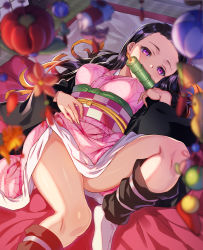 Rule 34 | 1girl, bamboo, bit gag, black hair, blurry, blurry foreground, breasts, brown hair, checkered sash, commentary request, depth of field, fingernails, forehead, gag, gradient background, hifumi chiyoko, highres, japanese clothes, kamado nezuko, kimetsu no yaiba, kimono, knee up, long fingernails, long hair, long sleeves, looking at viewer, lying, medium breasts, mouth hold, no shoes, obi, on back, open clothes, pink kimono, purple eyes, sash, sharp fingernails, socks, solo, thighs, very long hair, white socks, wide sleeves
