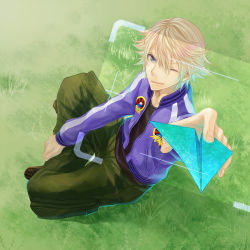 Rule 34 | 10s, 1boy, bad id, bad pixiv id, blonde hair, boots, full body, grass, ivan karelin, jacket, letterman jacket, male focus, nature, outdoors, paper airplane, plant, purple eyes, purple jacket, short hair, solo, tiger &amp; bunny, twilightend, wink