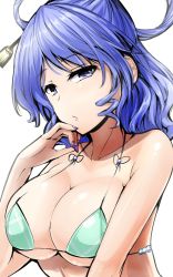 Rule 34 | 1girl, :/, alternate costume, bikini, blue eyes, blue hair, breasts, cleavage, closed mouth, collarbone, drill hair, green bikini, hair ornament, hair rings, hair stick, halterneck, halterneck, highres, kaku seiga, large breasts, looking at viewer, matching hair/eyes, micro bikini, nail polish, one-hour drawing challenge, purple nails, solo, swimsuit, touhou, twin drills, underboob, upper body, white background, y2