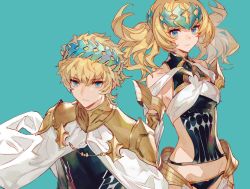 Rule 34 | 1boy, 1girl, armlet, armor, bare shoulders, black shirt, blonde hair, blue background, blue eyes, breasts, brother and sister, castor (fate), chocoan, closed mouth, collar, diadem, fate/grand order, fate (series), looking at viewer, medium hair, metal collar, pauldrons, pollux (fate), robe, shirt, short hair, shoulder armor, siblings, simple background, small breasts, twins, white robe
