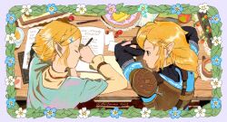 Rule 34 | 1boy, 1girl, arm guards, armor, blonde hair, blue eyes, blue tunic, book, champion&#039;s tunic (zelda), cherry, closed eyes, cup, desk, earrings, feleven, flower border, food, fruit, hair ornament, hairclip, highres, jewelry, link, looking at another, napkin, nintendo, paper, pauldrons, pen, pointy ears, princess zelda, short hair, shoulder armor, single pauldron, sleeping on desk, smile, tea, the legend of zelda, the legend of zelda: tears of the kingdom, yellow tunic