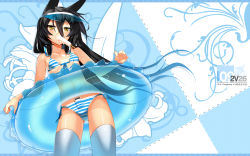Rule 34 | 1girl, animal ears, bikini, black hair, blue bikini, blush, breasts, cat ears, char, collarbone, digital media player, food, front-tie bikini top, front-tie top, headphones, highres, ipod, jitome, long hair, navel, necro-san, object in clothes, object in swimsuit, original, popsicle, sexually suggestive, side-tie bikini bottom, small breasts, solo, string bikini, striped bikini, striped clothes, suggestive fluid, swimsuit, thighhighs, transparent, very long hair, visor, visor cap, wallpaper, yellow eyes