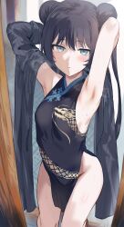 Rule 34 | 1girl, armpits, arms up, bare shoulders, black dress, black hair, blue archive, blush, breasts, china dress, chinese clothes, closed mouth, commentary, double bun, dragon print, dress, female focus, grey eyes, hair bun, hews, highres, kisaki (blue archive), long hair, looking at viewer, no bra, no panties, pelvic curtain, sleeveless, sleeveless dress, small breasts, solo, thighs