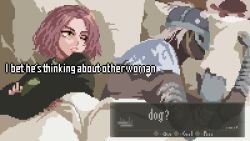 Rule 34 | 1boy, 1girl, bed, blackredhat2, bloody wolf (elden ring), elden ring, english text, gameplay mechanics, green eyes, highres, looking at another, melina (elden ring), meme, message (from software), one eye closed, pillow, pixel art, red hair, tarnished (elden ring), thinking, thought bubble, turtle, under covers