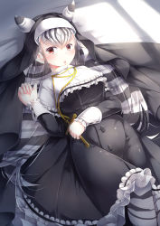 Rule 34 | 10s, 1girl, absurdres, alternate costume, black hair, chapman&#039;s zebra (kemono friends), commentary request, cross, ears through headwear, frills, habit, hair between eyes, highres, holding, kanzakietc, kemono friends, kemono friends festival, long hair, long sleeves, looking at viewer, lying, multicolored hair, nun, on back, open mouth, pantyhose, red eyes, robe, solo, striped clothes, striped pantyhose, white hair
