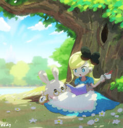 Rule 34 | 1girl, alice (alice in wonderland), alice in wonderland, apron, black bow, blonde hair, blue dress, blue eyes, bow, cup, dress, flower, holding, holding cup, nody (nody lowmoo), open mouth, outdoors, pocket watch, puffy short sleeves, puffy sleeves, rabbit, reading, round eyewear, short sleeves, sitting, tea, teacup, tree, under tree, watch, white apron, white flower, white rabbit (alice in wonderland)