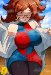 Rule 34 | 1girl, absurdres, android, android 21, arc system works, artist name, artist request, bare shoulders, black pants, blue sky, breasts, brown hair, checkered clothes, closed eyes, cloud, dragon ball, dragon ball fighterz, earrings, female focus, glasses, gold earrings, highres, lab coat, large breasts, long hair, open mouth, pants, sitting, sky, solo, steaming body, tongue