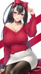 Rule 34 | absurdres, black hair, black pantyhose, bow, breasts, choker, christmas, cleavage, formal, hair bow, highres, horns, large breasts, lips, looking at viewer, miniskirt, mole, mole under eye, nail polish, oni, original, pantyhose, pencil skirt, red eyes, red sweater, silver tokki, sitting, skirt, skirt suit, smile, solo, suit, sweater, tight skirt, v-neck, white skirt