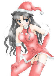 Rule 34 | 00s, 1girl, bare shoulders, black hair, blue eyes, christmas, dress, elbow gloves, fate/stay night, fate (series), female focus, garter belt, garter straps, gloves, halterneck, hat, lingerie, long hair, panties, red gloves, santa costume, santa hat, simple background, solo, thighhighs, tohsaka rin, twintails, two side up, underwear, upskirt, white background