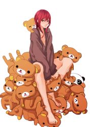 Rule 34 | 1girl, barefoot, bottomless, jittsu, looking at viewer, naked sweater, original, panda, red hair, relax kuma, rilakkuma, san-x, solo, stuffed animal, stuffed toy, sweater, teddy bear