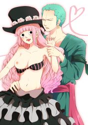 Rule 34 | 1boy, 1girl, bad id, bad pixiv id, bare shoulders, black eyes, blush, bra, bra pull, breasts, clothes pull, dress, dress pull, drill hair, earrings, eyelashes, flower, frilled dress, frills, green hair, hand on another&#039;s hip, hat, hat flower, heart, highres, hiiragi (kokesangosan), holding another&#039;s wrist, japanese clothes, jewelry, lipstick, long hair, makeup, medium breasts, nipples, one breast out, one eye closed, one piece, open mouth, perona, pink flower, pink hair, pink rose, roronoa zoro, rose, scar, scar across eye, scar on face, strapless, strapless bra, sweatdrop, top hat, underwear
