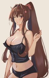 Rule 34 | 1girl, blush, breasts, brown eyes, brown hair, cleavage, collarbone, flying sweatdrops, grey background, hair between eyes, highres, kantai collection, kasumi (skchkko), large breasts, long hair, navel, one eye closed, parted lips, ponytail, sidelocks, simple background, solo, upper body, very long hair, yamato (kancolle)