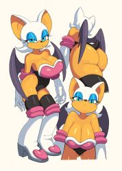 Rule 34 | 1girl, animal ears, ass, bare shoulders, bat ears, bat wings, blue eyes, blush, bodysuit, boots, breasts, cleavage, closed mouth, furry, gloves, half-closed eyes, highleg, highleg leotard, highres, huge ass, knee boots, leotard, rouge the bat, shiny skin, sonic (series), sonic (series), standing, thighhighs, white background, wings, yuta agc