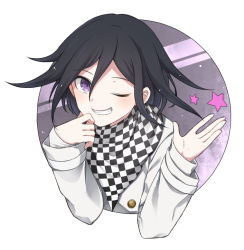 Rule 34 | 1boy, black hair, blush, checkered clothes, checkered neckwear, checkered scarf, commentary request, danganronpa (series), danganronpa v3: killing harmony, grin, hair between eyes, hands up, jacket, long sleeves, looking at viewer, male focus, nico (nico alice), one eye closed, oma kokichi, outside border, purple eyes, scarf, short hair, simple background, smile, solo, star (symbol), straitjacket, upper body, white background, white jacket