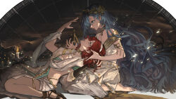Rule 34 | 2girls, 37 (reverse:1999), absurdres, ancient greek clothes, armlet, bare shoulders, barefoot, blue eyes, blue hair, brown gloves, candle, candlelight, crying, curly hair, dark background, fingerless gloves, from side, full body, gloves, gold choker, greco-roman clothes, green eyes, hand on another&#039;s head, hands up, head down, head on another&#039;s stomach, highres, holding, laurel crown, leaning back, light particles, long hair, looking at another, multiple girls, naijiaer, parted lips, profile, red hair, reverse:1999, sandals, set square, single glove, sitting, sophia (reverse:1999), streaming tears, tears, toga, very long hair, wariza, yuri