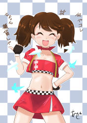 Rule 34 | 1girl, akashieru, alternate costume, anger vein, bandeau, black gloves, brown hair, checkered background, checkered clothes, closed eyes, commentary request, facing viewer, false smile, fingerless gloves, flat chest, gloves, hand on own hip, highres, jacket, kantai collection, long hair, midriff, miniskirt, race queen, red bandeau, red jacket, red skirt, ryuujou (kancolle), shikigami, skirt, smile, solo