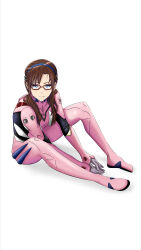 Rule 34 | 1girl, absurdres, blue eyes, bodysuit, breasts, brown hair, closed mouth, full body, glasses, hairband, highres, interface headset, long hair, looking at viewer, makinami mari illustrious, marco olier, medium breasts, neon genesis evangelion, pilot suit, pink bodysuit, plugsuit, rebuild of evangelion, red-framed eyewear, simple background, sitting, smile, solo, twintails, white background