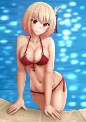 Rule 34 | 1girl, :q, bare arms, bare shoulders, bikini, blonde hair, blurry, blurry background, blush, breasts, cleavage, closed mouth, commentary, depth of field, front-tie bikini top, front-tie top, hair between eyes, hair ribbon, highres, kazenokaze, looking at viewer, lycoris recoil, medium breasts, navel, nishikigi chisato, o-ring, o-ring bikini, o-ring top, pool, red bikini, red eyes, red ribbon, ribbon, side-tie bikini bottom, smile, solo, swimsuit, tongue, tongue out, water