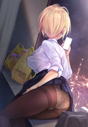 Rule 34 | 1girl, ass, back, bag, black pantyhose, blonde hair, blue skirt, breast pocket, breasts, cellphone, city, city lights, cityscape, collared shirt, covered erect nipples, curtains, ear piercing, floral print, from behind, highres, indoors, mappaninatta, medium breasts, miniskirt, night, original, panties, panties under pantyhose, pantyhose, phone, photoshop (medium), piercing, plastic bag, pleated skirt, pocket, school bag, school uniform, shirt, short hair, sitting, skirt, sleeves rolled up, smartphone, solo, thighband pantyhose, thighs, underwear, upskirt, white panties, white shirt, window