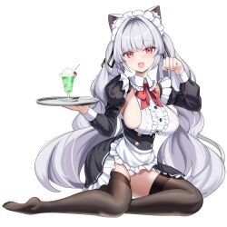Rule 34 | 1girl, animal ear fluff, animal ears, apron, aruvina (gu luco), black skirt, black thighhighs, blush, bow, bowtie, breasts, cat ears, center frills, commentary request, detached sleeves, frilled apron, frills, grey hair, gu luco, hair intakes, hands up, highres, holding, holding tray, juliet sleeves, large breasts, long hair, long sleeves, looking at viewer, maid apron, maid headdress, open mouth, original, panties, paw pose, puffy sleeves, red bow, red bowtie, red eyes, shirt, sideboob, sideless outfit, sideless shirt, simple background, sitting, skindentation, skirt, smile, soles, solo, thighhighs, tray, twintails, underwear, very long hair, waist apron, white apron, white background, white headdress, white headwear, white panties, white shirt, yokozuwari