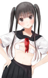 Rule 34 | 1girl, 2nd, bad id, bad pixiv id, bikini, bikini under clothes, black hair, black sailor collar, black skirt, brown eyes, collarbone, commentary request, eyepatch bikini, hands on own hips, head tilt, highres, long hair, looking at viewer, navel, neckerchief, original, pleated skirt, red neckerchief, sailor collar, shirt, short sleeves, simple background, skirt, solo, swimsuit, twintails, very long hair, white background, white bikini, white shirt
