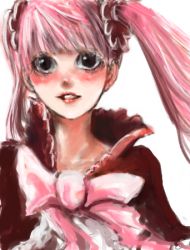 Rule 34 | 1girl, ananananan, blush, bow, cape, capelet, female focus, fur trim, lowres, one piece, painterly, perona, pink hair, red cape, ribbon, short cape, simple background, solo, twintails