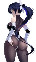 Rule 34 | 1girl, ass, azur lane, bare shoulders, black hair, bodystocking, bow, breasts, cowboy shot, elbow gloves, fingerless gloves, from behind, gloves, hair bow, hand on own ass, highres, large breasts, long hair, looking at viewer, looking back, multicolored leotard, official alternate costume, race queen, simple background, solo, takao (azur lane), takao (full throttle charmer) (azur lane), tomoyuki hino, two-tone leotard, very long hair, white background, white bow, yellow eyes