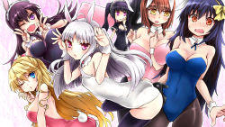 Rule 34 | 10s, 6+girls, absolute duo, animal ears, ass, back, bare shoulders, between breasts, black hair, blonde hair, blue eyes, blue hair, blush, breasts, brown eyes, brown hair, cleavage, detached collar, fake animal ears, flat chest, gradient background, hair ornament, hairband, high heels, highres, hotaka miyabi, large breasts, leotard, lilith bristol, long hair, looking at viewer, multiple girls, navel, one eye closed, open mouth, pantyhose, pink eyes, playboy bunny, purple eyes, purple hair, rabbit ears, rabbit tail, ribbon, shoes, short hair, sideboob, smile, tachibana tomoe (absolute duo), tail, thighhighs, tsukimi rito, tsukumo sakuya, twintails, v, white hair, wink, wrist cuffs, yellow eyes, yurie sigtuna