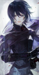 Rule 34 | 1boy, androgynous, armor, bad id, bad pixiv id, blood, blood on face, blood splatter, breastplate, cape, chest plate, gauntlets, gloves, male focus, nishihara isao, pixiv fantasia, purple eyes, purple hair, short hair, solo, sword, weapon