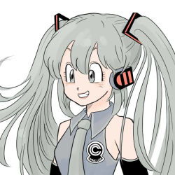 Rule 34 | 1girl, arms at sides, bad id, bad pixiv id, bare shoulders, blouse, breasts, capsule corp, commentary request, cosplay, detached sleeves, eyelashes, grey eyes, grey hair, grey necktie, grey shirt, hair between eyes, happy, hatsune miku, hatsune miku (cosplay), long hair, looking away, necktie, parody, pink mousse, retro artstyle, shirt, simple background, sleeveless, sleeveless shirt, small breasts, smile, solo, style parody, teeth, toriyama akira (style), twintails, upper body, very long hair, vocaloid, white background