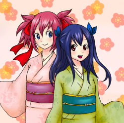 Rule 34 | 2girls, :d, akane (tpaknwt), blue hair, fairy tail, japanese clothes, kimono, long hair, multiple girls, open mouth, pink hair, sheria blendy, smile, twintails, two side up, wendy marvell