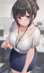 Rule 34 | 1girl, black hair, blurry, blurry background, breasts, cleavage, earrings, hair up, highres, jewelry, lanyard, large breasts, looking at viewer, mole, mole on breast, nail polish, nohhun, office lady, open mouth, original, pen, pencil skirt, sidelocks, skirt