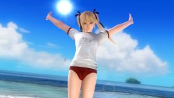 Rule 34 | 1girl, 3d, beach, blonde hair, buruma, dead or alive, dead or alive 5, female focus, gym uniform, highres, looking at viewer, marie rose, ocean, official art, solo, twintails