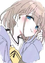 Rule 34 | 1girl, blue eyes, blue jacket, brown hair, closed mouth, commentary, idolmaster, idolmaster shiny colors, ixy, jacket, long hair, long sleeves, looking at viewer, serizawa asahi, shirt, short hair, simple background, smile, solo, upper body, white background, white shirt