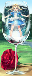 Rule 34 | 1girl, alice in wonderland, apron, blonde hair, blush, bubble, cup, day, dress, drinking glass, flower, grass, green eyes, highres, in container, in cup, long hair, mary janes, mini person, minigirl, nature, open mouth, original, outdoors, puffy sleeves, red flower, red rose, rose, scenery, shoes, short sleeves, sky, socks, solo, stream, submerged, tree, underwater, water, white socks