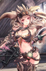 Rule 34 | 1girl, arm up, armor, armpits, axe, belt, bikini armor, blonde hair, breasts, cleavage, cowboy shot, fake horns, fur trim, gauntlets, glowing, hand up, helmet, highres, holding, holding weapon, horned helmet, horns, looking at viewer, medium breasts, monster hunter, monster hunter: world, monster hunter (series), navel, nergigante (armor), parted lips, red eyes, smile, solo, spikes, standing, stomach, thighhighs, underboob, upper body, weapon, weapon on back, zi-dabu