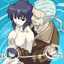 Rule 34 | 1boy, 1girl, age difference, batou (gits), blue hair, blush, grabbing another&#039;s breast, breasts, clothed male nude female, completely nude, couple, ghost in the shell, grabbing, groping, hetero, jacket, kusanagi motoko, lowres, nipples, nude, oekaki, ponytail, saliva, shimano natsume, short hair, silver hair, sitting, sitting on lap, sitting on person
