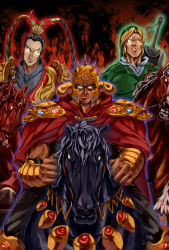 Rule 34 | 3boys, asutora, aura, berserk, black pants, blonde hair, bracelet, cape, closed mouth, commentary request, crossover, crown, epona, fake horns, frown, gem, glowing, glowing eyes, green hat, hat, helmet, horned helmet, horns, horse, horseback riding, jewelry, kokuoh (hokuto no ken), link, looking at viewer, lu bu, male focus, manly, multiple boys, muscular, necklace, nintendo, no pupils, pants, raoh (hokuto no ken), red cape, riding, shin sangoku musou, spikes, sword, the legend of zelda, vest, weapon, weapon on back, when you see it
