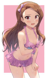 Rule 34 | 1girl, absurdres, bikini, bikini skirt, blush, bow, breast hold, breasts, brown hair, collarbone, commentary request, dot nose, forehead, frilled bikini, frilled swimsuit, frills, hairband, halterneck, hand on own thigh, highres, idolmaster, idolmaster (classic), long hair, looking at viewer, minase iori, navel, open mouth, pink background, pink bikini, pink bow, pink hairband, polka dot, shuucream (syuichi), small breasts, solo, stomach, swimsuit, swimsuit skirt, thighs