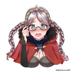 Rule 34 | 1girl, @ @, absurdres, adjusting eyewear, ahoge, artist name, blue eyes, braid, breasts, bridal gauntlets, capelet, choker, cleavage, coke-bottle glasses, commission, commissioner upload, english text, fire emblem, fire emblem fates, fire emblem heroes, glasses, grey hair, hairband, highres, hood, hooded capelet, long hair, looking at viewer, ly art01, medium breasts, nina (fire emblem), nintendo, non-web source, open mouth, red hood, solo, surprised, transparent background, twin braids, upper body