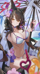 Rule 34 | 1girl, absurdres, animal ear fluff, animal ears, bikini, black hair, blue archive, blue bikini, blush, breasts, cleavage, closed mouth, flower, fox ears, fox tail, hair flower, hair ornament, halo, highres, holding, holding umbrella, large breasts, long hair, looking at viewer, official alternate costume, parasol, pink flower, purple flower, red halo, renn 01, smile, solo, swimsuit, tail, umbrella, wakamo (blue archive), wakamo (swimsuit) (blue archive), yellow eyes