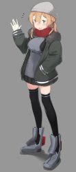 Rule 34 | 10s, 1girl, absurdres, beanie, black thighhighs, blonde hair, blush, boots, breasts, commentary, full body, fur-trimmed jacket, fur collar, fur trim, gloves, green eyes, grey background, hair between eyes, hair ribbon, hand in pocket, hand up, hat, highres, jacket, kantai collection, kei (soundcross), large breasts, over-kneehighs, parted lips, prinz eugen (kancolle), red ribbon, ribbon, solo, standing, teeth, thighhighs, twintails, waving, white gloves