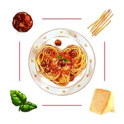Rule 34 | cheese, food, food focus, heart, heart-shaped food, ichiknees, leaf, meatball, no humans, noodles, original, pasta, plate, spaghetti, spaghetti and meatballs, still life